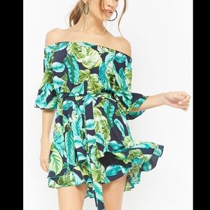 Palm leaf print off the shoulder dress